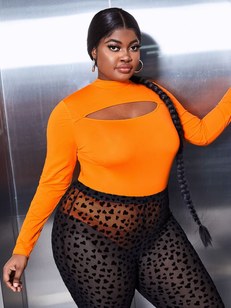 SHEIN SXY Plus Neon Orange Mock Neck Cut-out Skinny Bodysuit | SHEIN