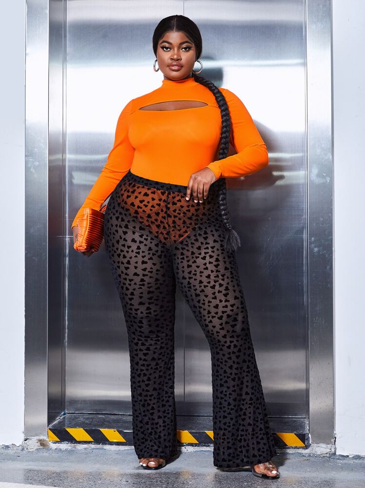 SHEIN SXY Plus Neon Orange Mock Neck Cut-out Skinny Bodysuit | SHEIN