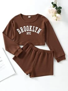 Girls Letter Graphic Waffle Knit PJ Set - Coffee Brown - View 1