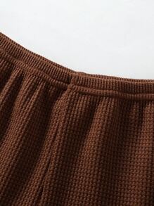 Girls Letter Graphic Waffle Knit PJ Set - Coffee Brown - View 6