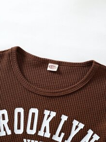 Girls Letter Graphic Waffle Knit PJ Set - Coffee Brown - View 7