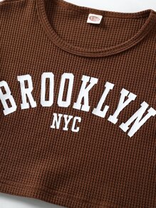 Girls Letter Graphic Waffle Knit PJ Set - Coffee Brown - View 8