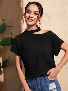 SHEIN 不對稱領素色上衣 - 黑色 - 查看 1