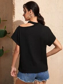 SHEIN 不對稱領素色上衣 - 黑色 - 查看 2