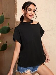 SHEIN 不對稱領素色上衣 - 黑色 - 查看 5