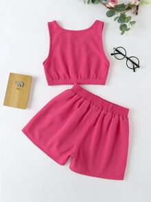 Girls Letter Patch Crop Tank Top & Shorts - Hot Pink - View 2