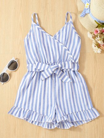 SHEIN Young Girl Vertical Striped Ruffle Hem Belted Cami Romper