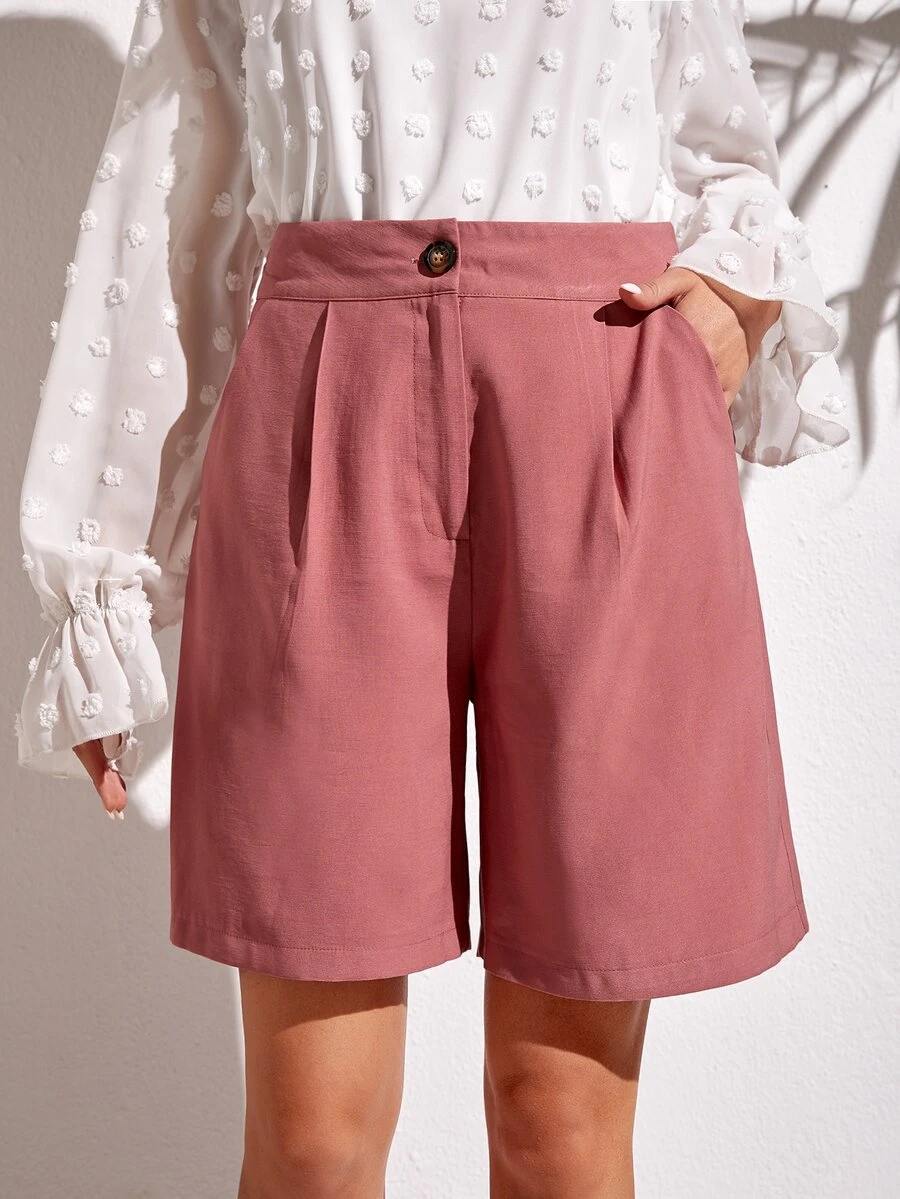 SHEIN LUNE Quần đùi nữ Nút Túi Dây kéo Uốn nếp màu trơn Giải trí - Bụi hồng - Xem 1