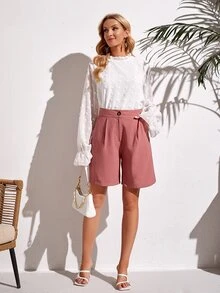 SHEIN LUNE Quần đùi nữ Nút Túi Dây kéo Uốn nếp màu trơn Giải trí - Bụi hồng - Xem 3