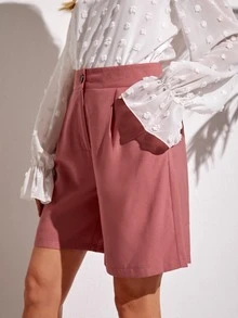 SHEIN LUNE Quần đùi nữ Nút Túi Dây kéo Uốn nếp màu trơn Giải trí - Bụi hồng - Xem 5
