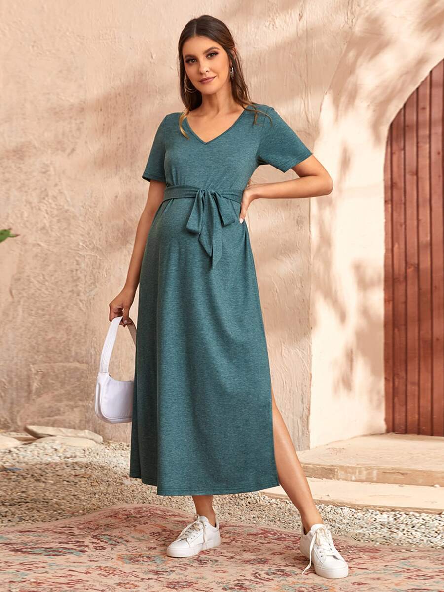 SHEIN 孕婦高衩繫腰帶洋裝