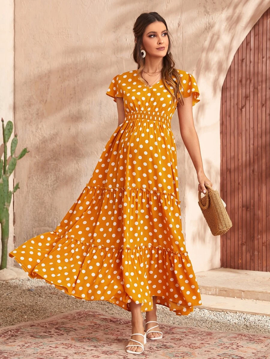SHEIN Maternity Polka Dot Print Ruffle Hem Butterfly Sleeve Dress - Mustard Yellow - View 1
