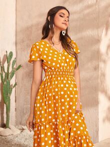 SHEIN Maternity Polka Dot Print Ruffle Hem Butterfly Sleeve Dress - Mustard Yellow - View 3