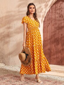 SHEIN Maternity Polka Dot Print Ruffle Hem Butterfly Sleeve Dress - Mustard Yellow - View 5