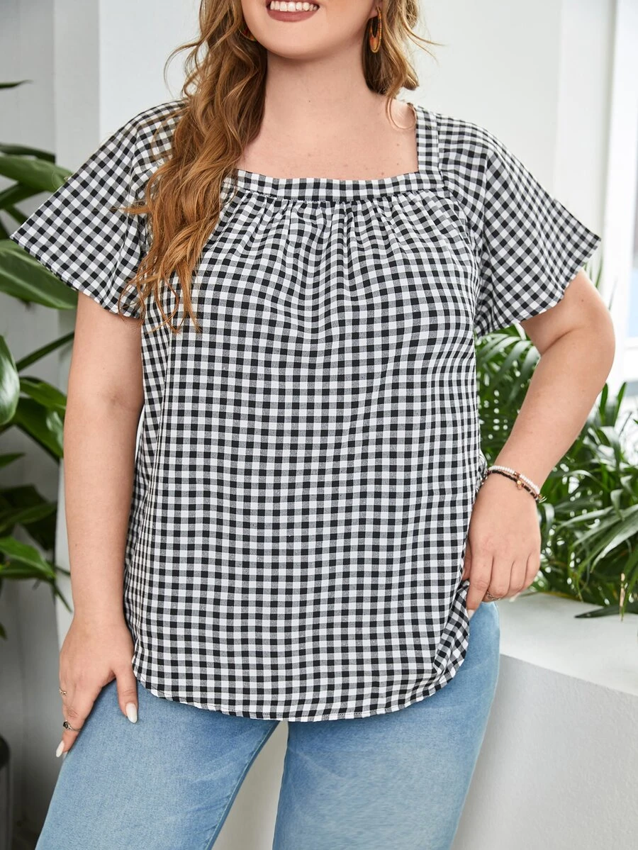 SHEIN 大碼格子圖案插肩袖上衣 - 黑與白 - 查看 1