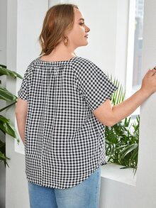 SHEIN 大碼格子圖案插肩袖上衣 - 黑與白 - 查看 2