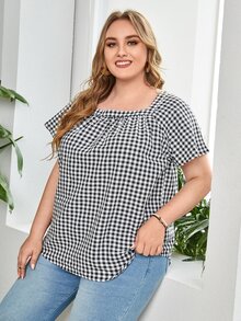 SHEIN 大碼格子圖案插肩袖上衣 - 黑與白 - 查看 3