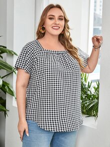 SHEIN 大碼格子圖案插肩袖上衣 - 黑與白 - 查看 5