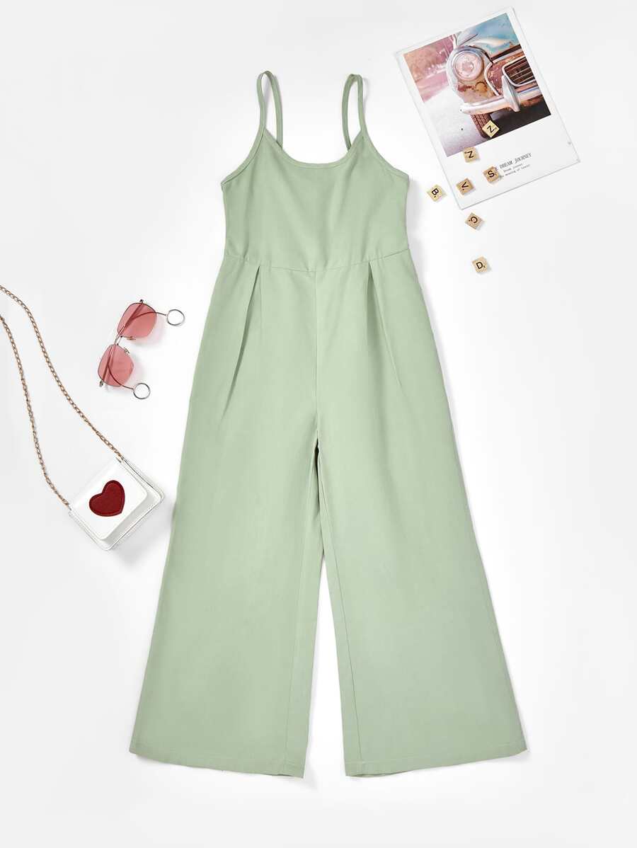 女孩後背打褶闊腿吊帶連體褲 - 薄荷綠 - 查看 1