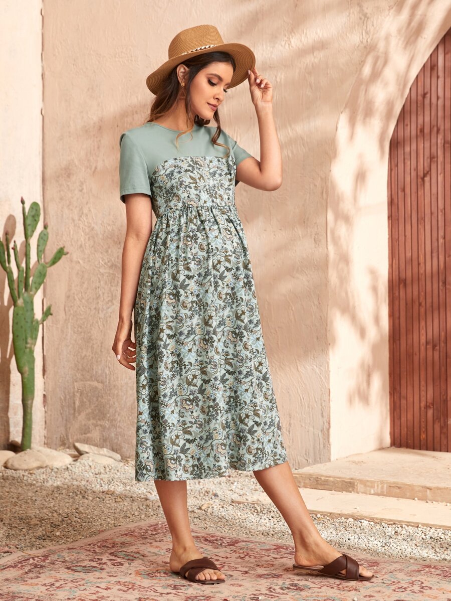SHEIN Maternity Floral Print Round Neck Dress - Multicolor - View 1