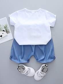 小男童卡通圖案T恤和短褲 - 藍白色 - 查看 2