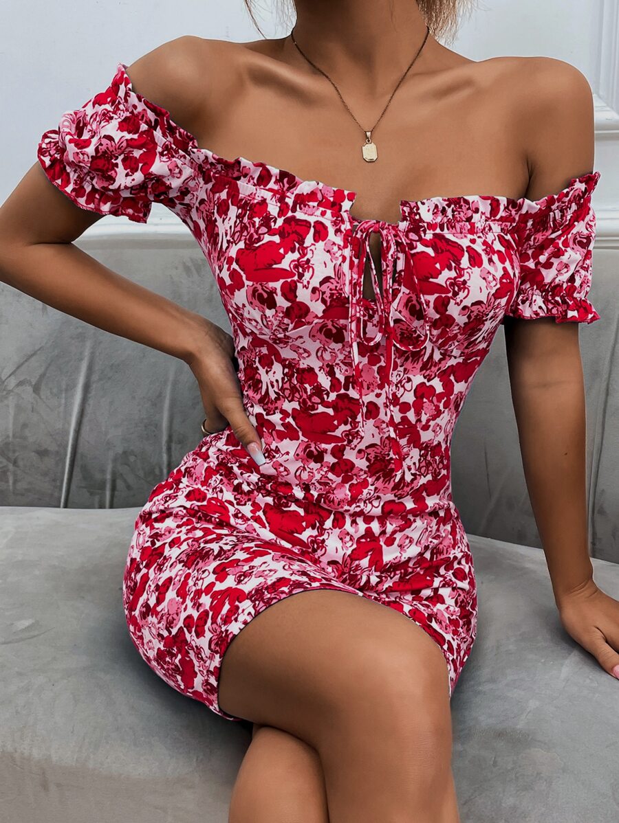 SHEIN Unity Floral Print Off Shoulder Frill Trim Knot Front Bodycon Dress - Multicolor - View 1