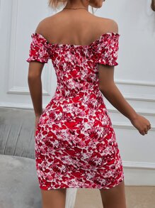 SHEIN Unity Floral Print Off Shoulder Frill Trim Knot Front Bodycon Dress - Multicolor - View 2