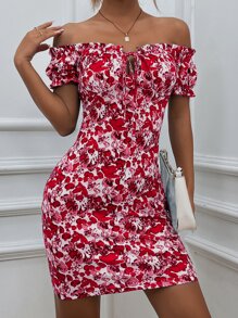 SHEIN Unity Floral Print Off Shoulder Frill Trim Knot Front Bodycon Dress - Multicolor - View 4