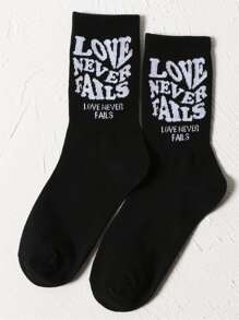 Slogan Graphic Crew Socks - Black - View 1
