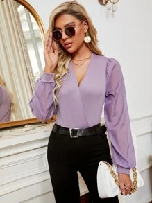 SHEIN Privé Contrast Mesh Puff Sleeve Bodysuit - Lilac Purple - View 6