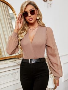 SHEIN Unity Body de malla en contraste de manga farol - Albaricoque - Ver 6
