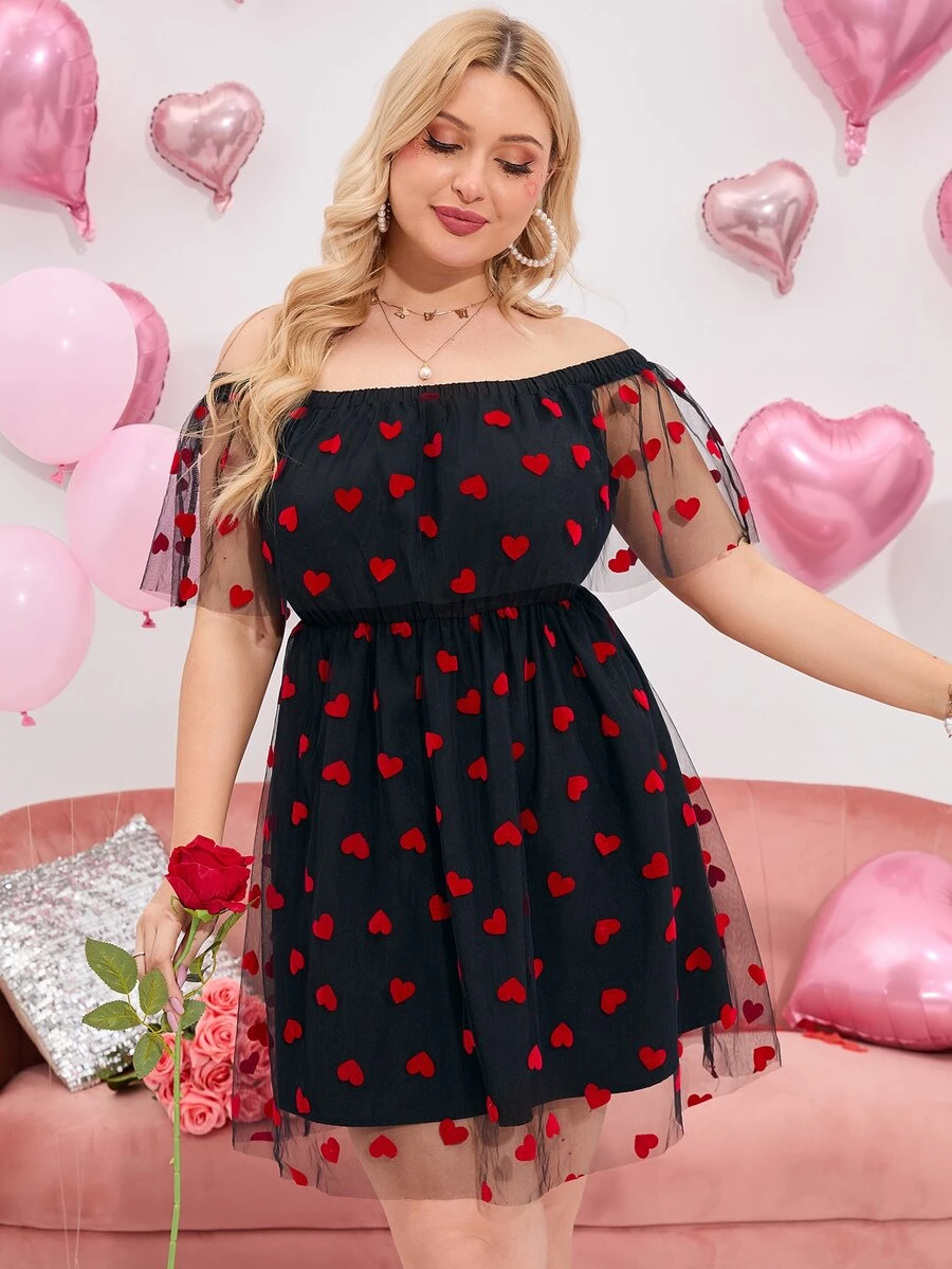 Plus Heart Mesh Overlay Off Shoulder Dress - Black - View 1