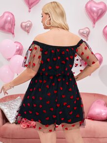 Plus Heart Mesh Overlay Off Shoulder Dress - Black - View 2