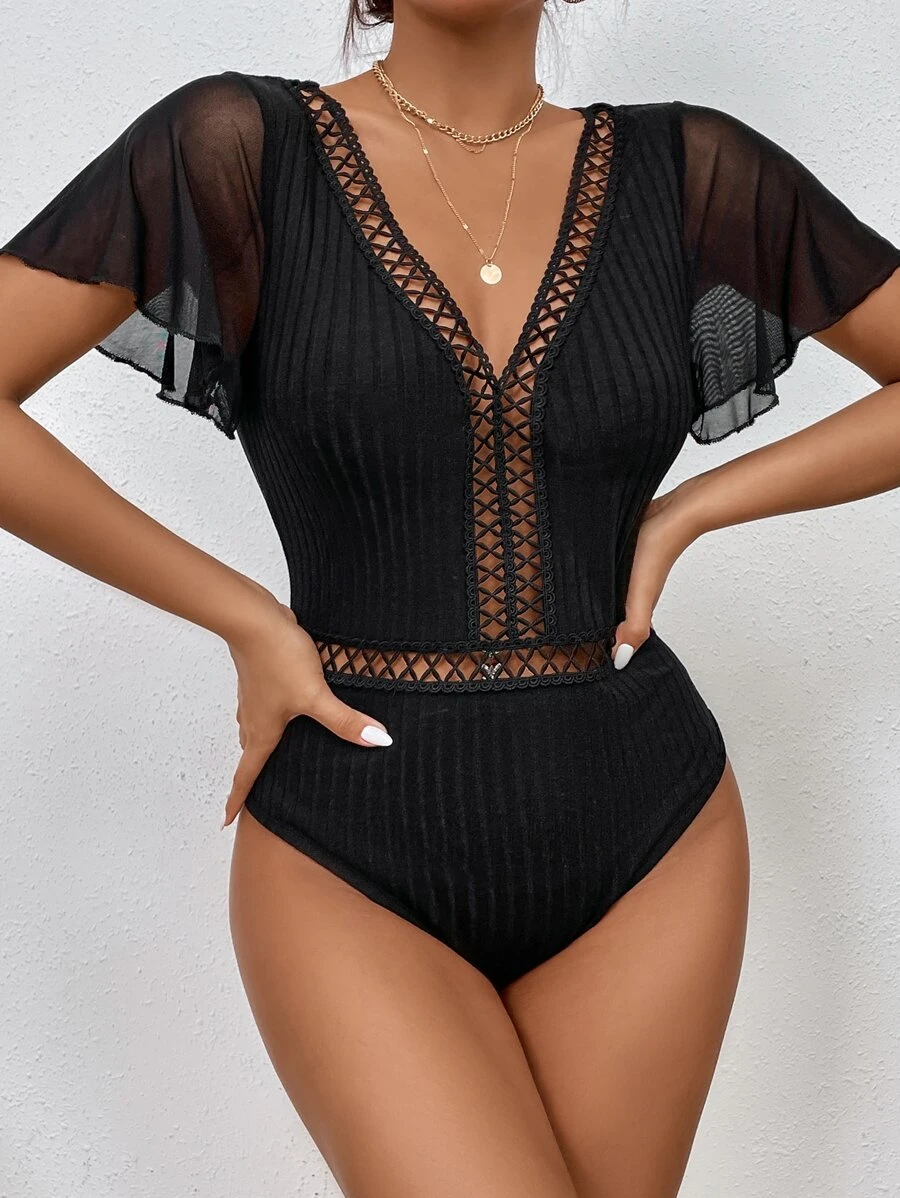 SHEIN Privé Guipure Lace Insert Contrast Mesh Flutter Sleeve Bodysuit - Black - View 1