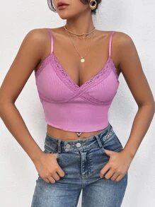 SHEIN Qutie 蕾絲邊吊帶上衣 - 粉色 - 查看 3