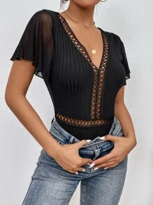 SHEIN Privé Guipure Lace Insert Contrast Mesh Flutter Sleeve Bodysuit - Black - View 3