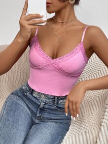 SHEIN Qutie 蕾絲邊吊帶上衣 - 粉色 - 查看 4