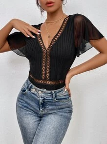 SHEIN Privé Guipure Lace Insert Contrast Mesh Flutter Sleeve Bodysuit - Black - View 5