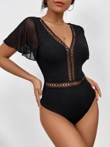 SHEIN Privé Guipure Lace Insert Contrast Mesh Flutter Sleeve Bodysuit - Black - View 6