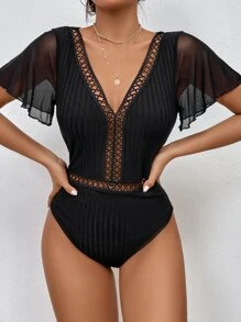 SHEIN Privé Guipure Lace Insert Contrast Mesh Flutter Sleeve Bodysuit - Black - View 7