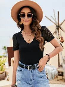 SHEIN Frenchy Áo nữ Tương phản ren màu trơn Giải trí - màu đen - Xem 7