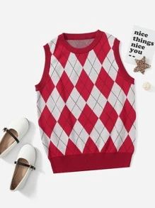 Niñas Chaleco de punto con patrón de rombo - Multicolor - Ver 1