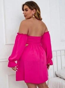 Plus Shirred Back Off The Shoulder Flounce Sleeve Dress - Hot Pink - View 2