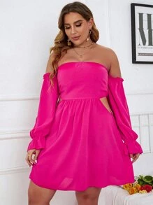 Plus Shirred Back Off The Shoulder Flounce Sleeve Dress - Hot Pink - View 3
