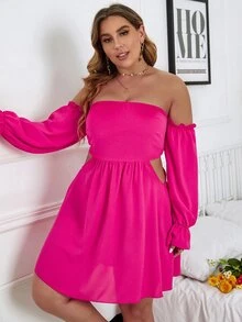 Plus Shirred Back Off The Shoulder Flounce Sleeve Dress - Hot Pink - View 4