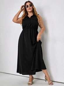 Plus Solid Button Front Dress - Black - View 4