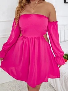 Plus Shirred Back Off The Shoulder Flounce Sleeve Dress - Hot Pink - View 6