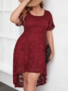 SHEIN Clasi Plus High Low Hem Lace Dress - Burgundy - View 1