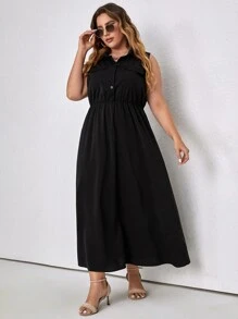 Plus Solid Button Front Dress - Black - View 5