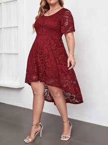 SHEIN Clasi Plus High Low Hem Lace Dress - Burgundy - View 3